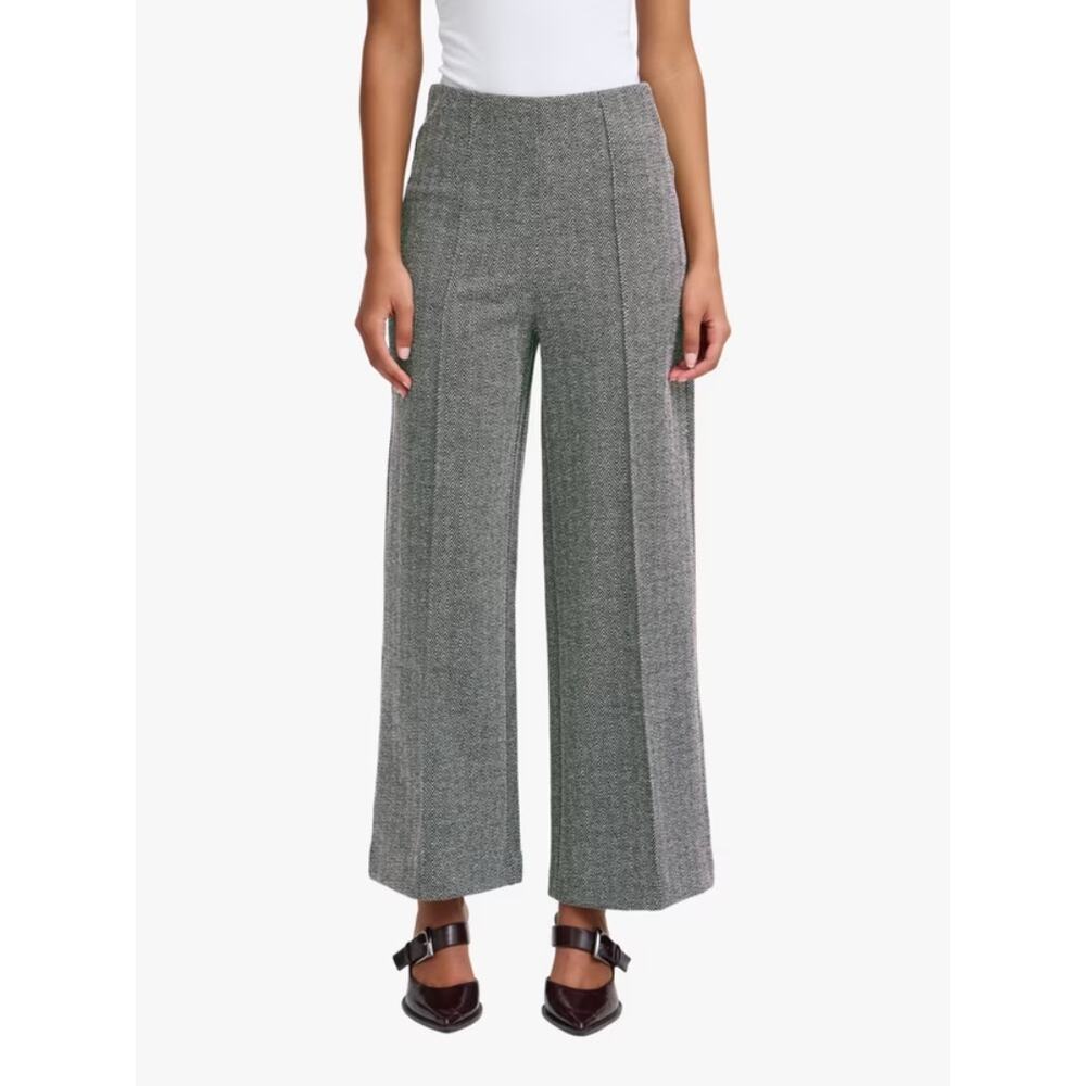 ICHI Kate Herringbone Ihkate Jacquard Trousers Black White High Waist Wide Leg L